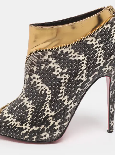 Christian Louboutin Grey/Gold Foil Leather and Python Leather Col Zippe Booties Size 40