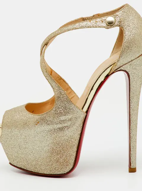 Christian Louboutin Metallic Gold Glitter Exagona Platform Sandals Size 36.5