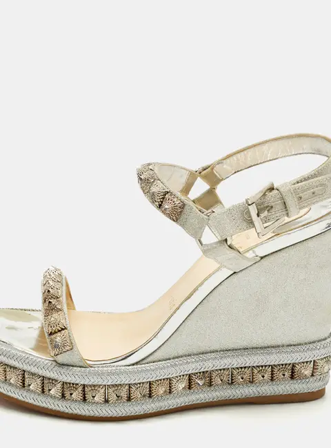 Christian Louboutin Pyraclou Size 38 Silver Glitter and Leather Wedge Sandals