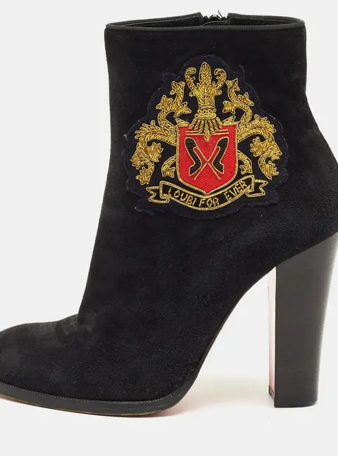 Christian Louboutin Crest Embroidered Size 37 Black Suede Ankle Length Boots