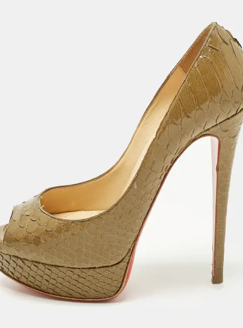 Christian Louboutin Lady Peep Size 38.5 Green Python Leather Peep Toe Pumps