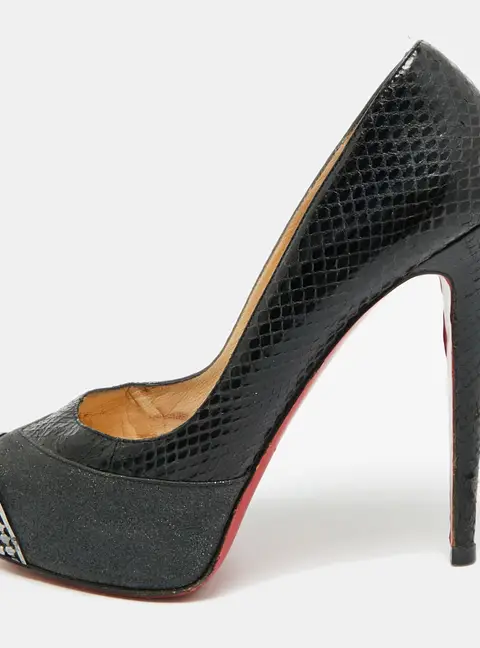 Christian Louboutin Maggie Size 39.5 Black Glitter and Snakeskin Leather Platform Pumps