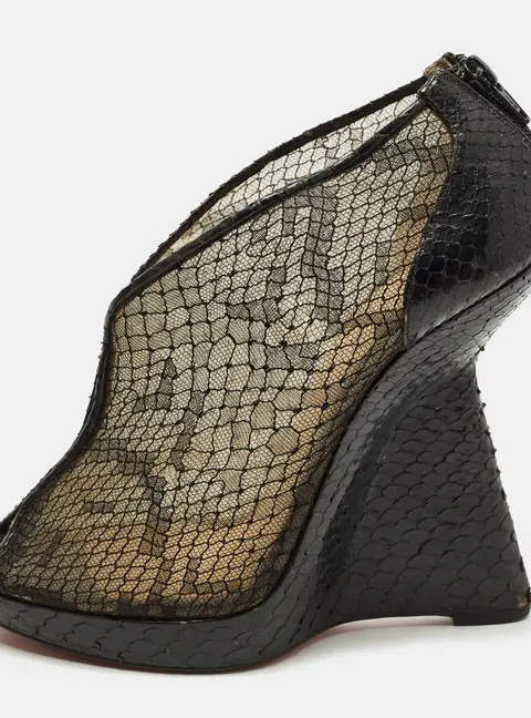 Christian Louboutin Janet Size 39.5 Black Mesh and Python Leather Ankle Length Boots