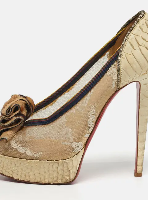 Christian Louboutin Lady Peep Size 39.5 Beige Lace and Python Leather Peep Toe Pumps