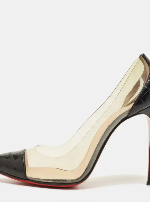 Christian Louboutin Debout Size 38 Black/Transparent Croc Embossed Leather and PVC Pumps