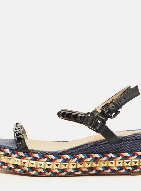 Christian Louboutin Pyraclou Size 40 Multicolor Denim and Leather Studded Ankle Strap Platform Sandals
