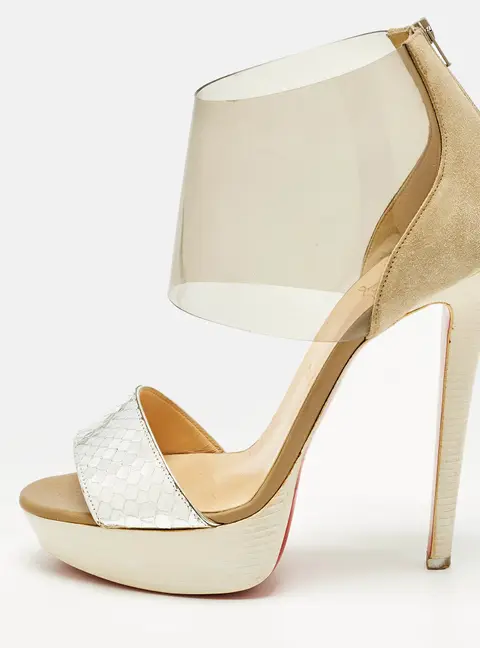Christian Louboutin Dufoura Size 38 Tricolor Python Embossed Leather and Suede Sandals