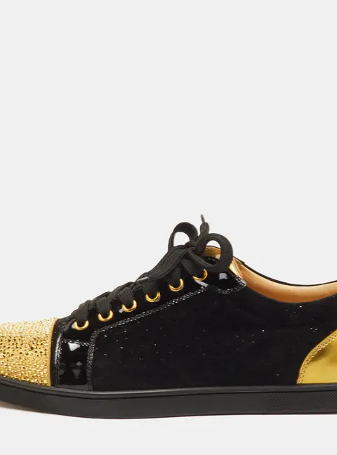 Christian Louboutin Gondola Strass Size 40.5 Black/Gold Suede and Patent Leather Low Top Sneakers