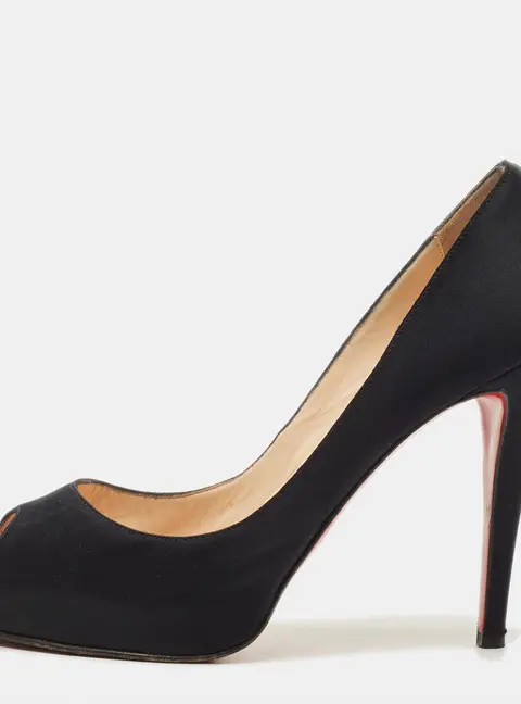 Christian Louboutin Very Prive Size 39.5 Black Satin Peep Toe Pumps