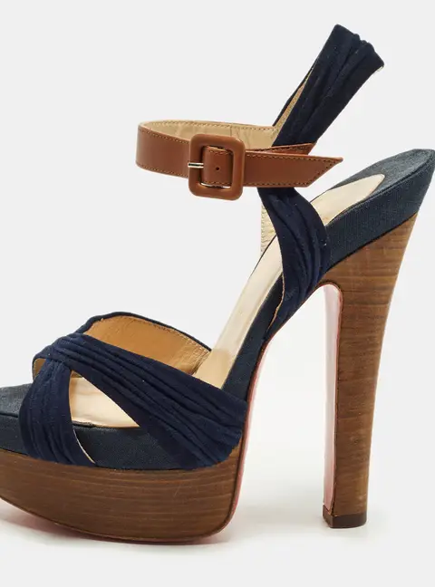 Christian Louboutin Size 36 Navy Blue/Brown Leather and Suede Ankle Strap Platform Sandals