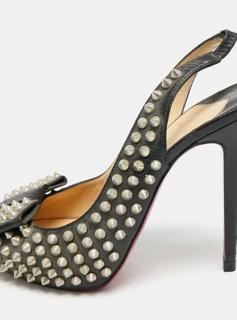 Christian Louboutin Clou Noeud Size 39 Black Leather Spikes Slingback Pumps