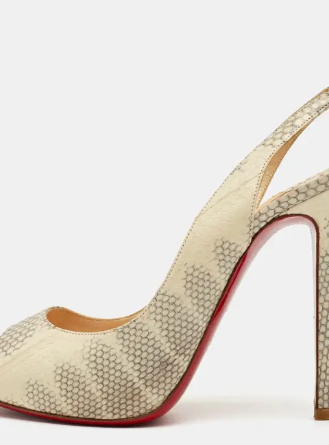 Christian Louboutin Private Number Size 40 Cream/Grey Snakeskin Leather Peep Toe Slingback Pumps