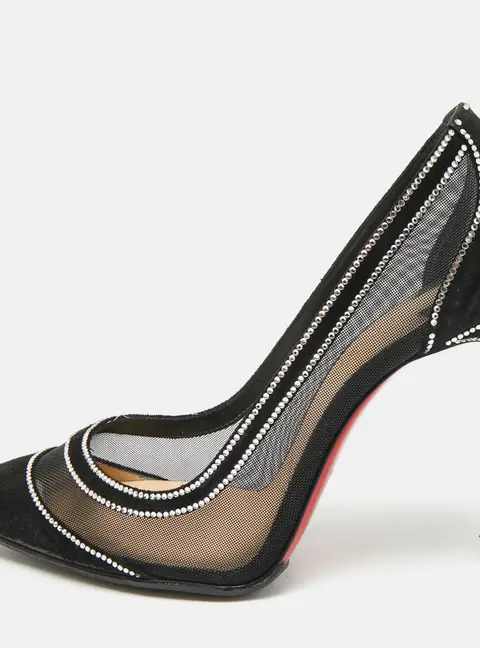 Christian Louboutin Galativi Strass Size 37.5 Black Crystal Embellished Mesh and Suede Pumps