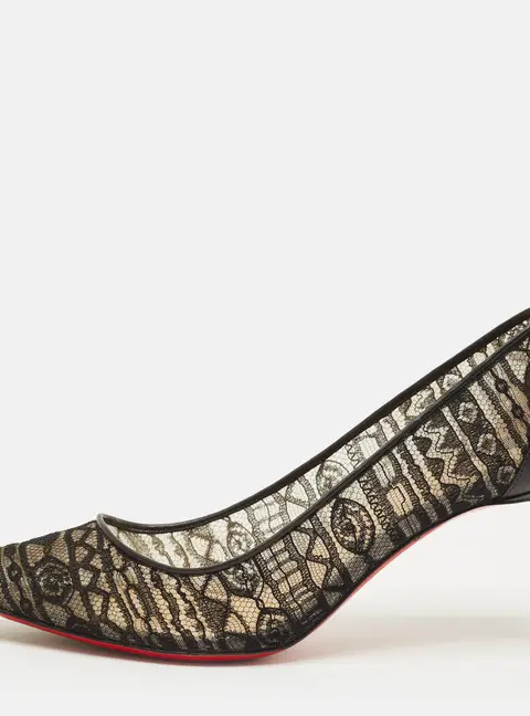 Christian Louboutin Saramor Size 38 Black Lace and Leather Pumps