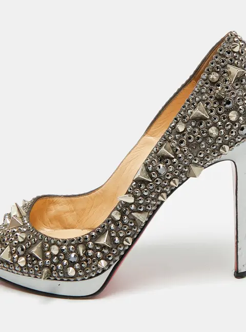 Christian Louboutin Size 38.5 Silver Glitter Peep Toe Pumps