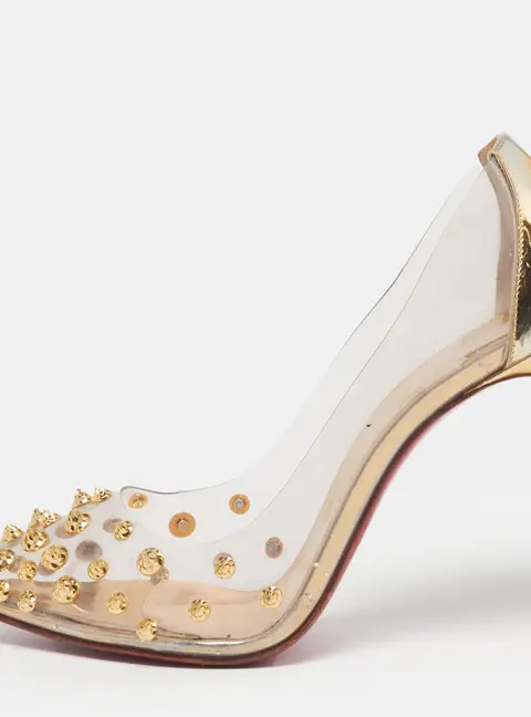 Christian Louboutin Collaclou Spiked Size 38 Transparent/Gold PVC and Leather Pointed Toe Pumps