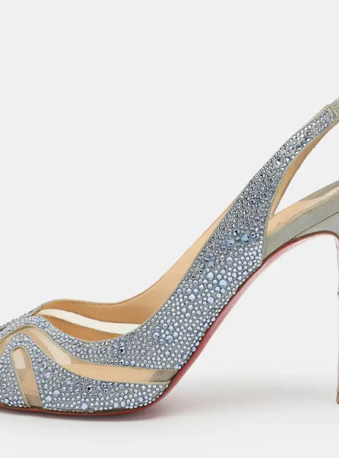 Christian Louboutin Alta Spina Strass Size 35.5 Grey/Blue Suede and Mesh Slingback Sandals