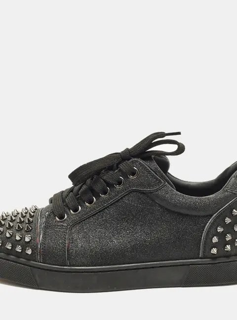Christian Louboutin Louis Junior Spikes Size 36.5 Black Glitter Lace Up Sneakers