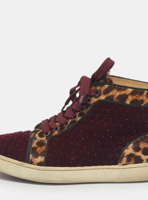 Christian Louboutin Burgundy/Brown Leopard Print Calf Hair And Velvet Louis Orlato Sneakers Size 37