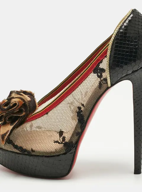 Christian Louboutin Multicolor Lace and Python Leather Calf Hair Bow Peep Toe Platform Pumps Size 38.5