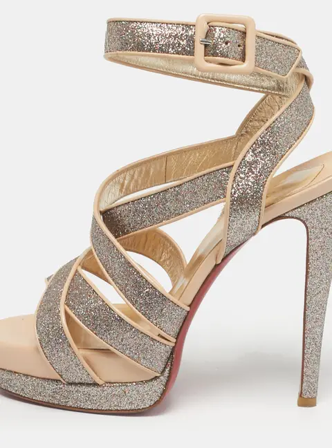 Christian Louboutin Beige/Gold Glitter and Leather Straratata Strappy Platform Sandals Size 37