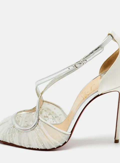 Christian Louboutin Beige/Silver Lace And Satin Twistissima Pointed Toe Ankle Strap Sandals Size 36