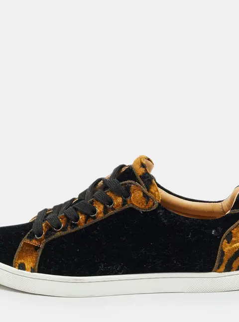 Christian Louboutin Black/Gold Leopard Print Velvet Lace Up Sneakers Size 37