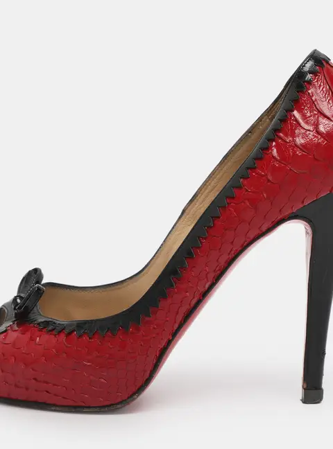 Christian Louboutin Red/Black Python Leather Bow Very Prive Peep-Toe Pumps Size 36.5