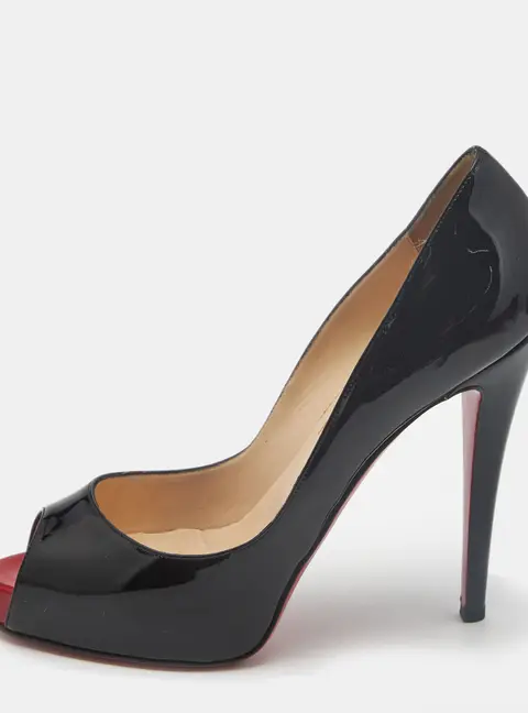 Christian Louboutin New Very Prive Size 39 Black Patent Leather Peep Toe Pumps