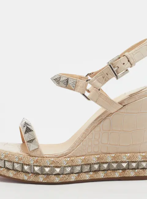 Christian Louboutin Cataclou Size 38 Cream Croc Embossed Leather Wedge Sandals