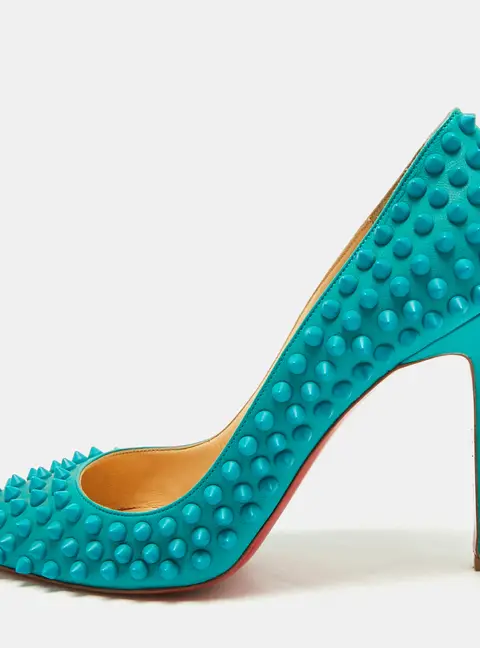 Christian Louboutin Pigalle Spikes Size 38 Teal Leather Pumps