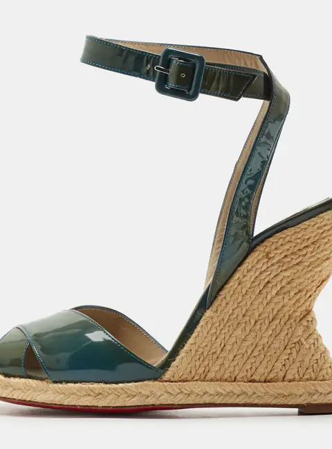 Christian Louboutin Size 39 Green Patent Leather Espadrille Wedge Ankle Strap Sandals