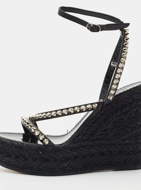 Christian Louboutin Size 39 Black Leather Wedge Espadrille Sandals