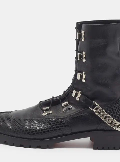 Christian Louboutin Size 40 Black Leather Chain Strap Combat Boots
