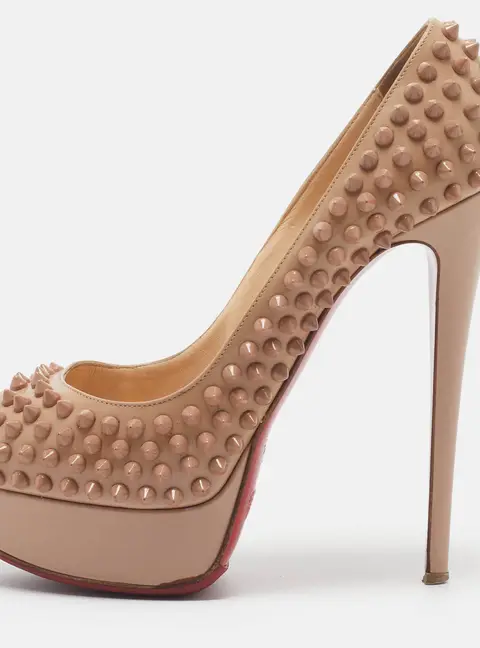 Christian Louboutin Lady Peep Spikes Size 38.5 Beige Patent Leather Platform Pumps