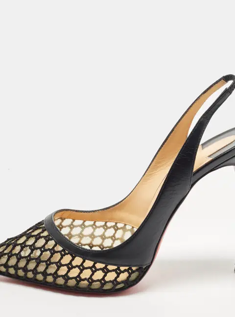 Christian Louboutin Miluna Size 39 Black Leather and Mesh Slingback Pumps