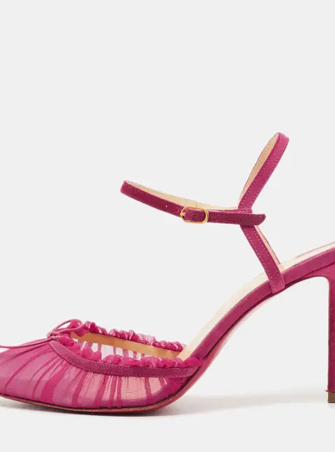 Christian Louboutin Travalata Size 37.5 Purple Lace and Suede Ankle Strap Pumps