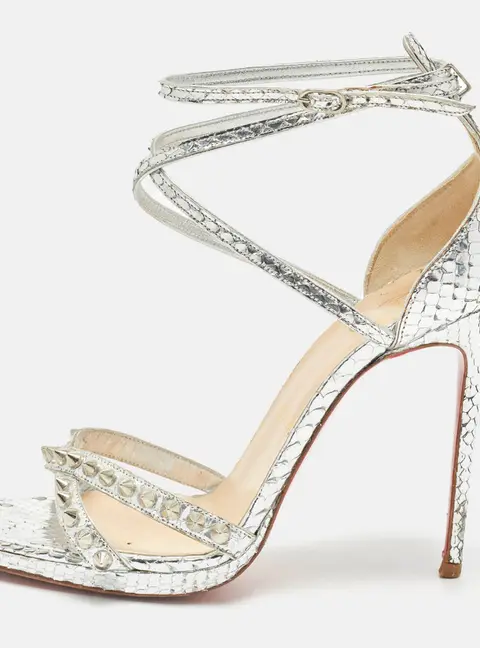 Christian Louboutin Rosalie Size 37.5 Silver Python Embossed Leather Ankle Strap Sandals