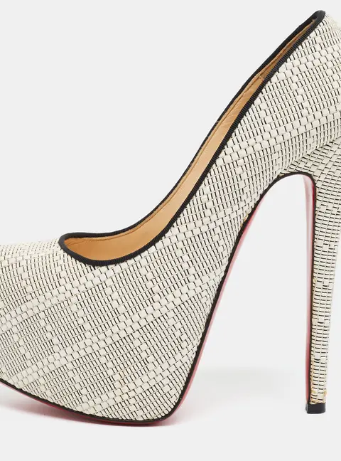 Christian Louboutin Daffodile Size 37.5 White/Black Raffia Platform Pumps