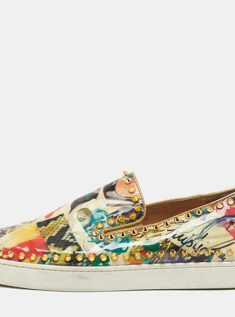 Christian Louboutin Pik Boat Size 39 Multicolor Artistic Print and Signature Patent Leather Slip On Sneakers