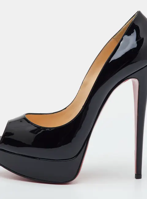 Christian Louboutin Very Prive Size 39.5 Black Patent Leather Platform Peep Toe Pumps