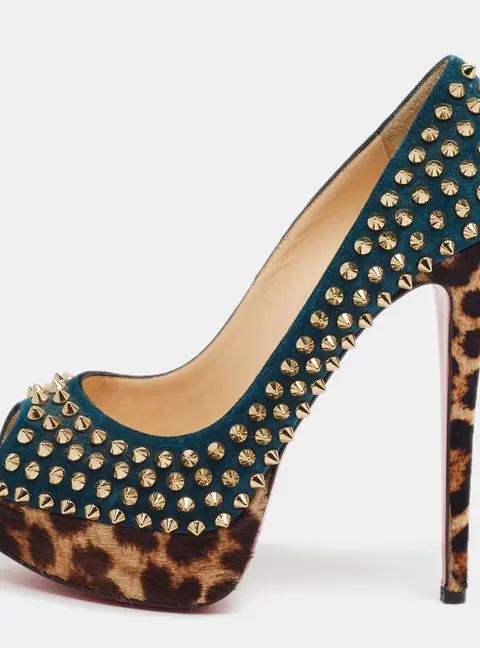Christian Louboutin Lady Peep Spikes Size 38 Multicolor Calf Hair and Suede Platform Pumps