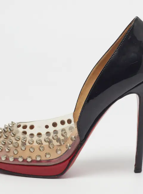 Christian Louboutin Engin Size 38.5 Black Patent Leather and PVC Peep Toe Pumps