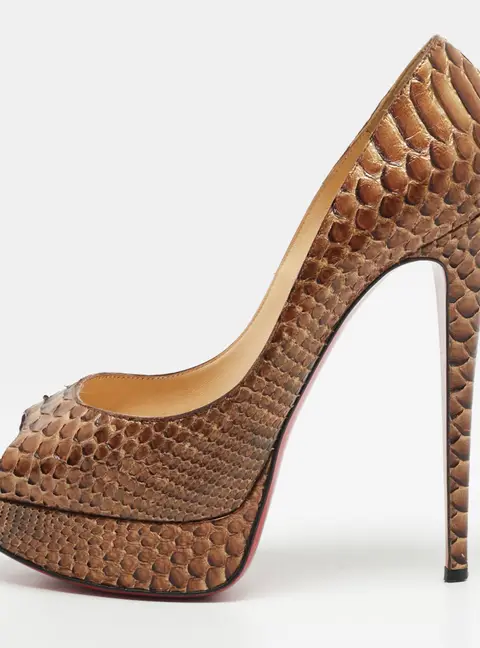 Christian Louboutin Lady Peep Size 38.5 Gold Python Leather Platform Pumps