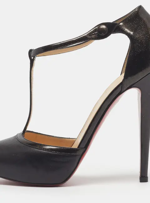 Christian Louboutin Size 37.5 Black Leather and Patent Leather Mary Jane Pumps