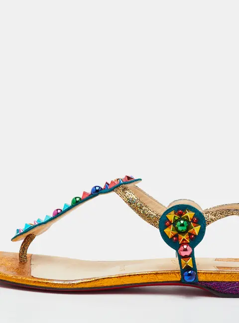 Christian Louboutin Studded Size 37 Multicolor Glitter and Foil Leather Flat Sandals