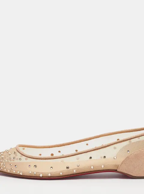 Christian Louboutin Follies Strass Size 34.5 Beige Mesh and Suede Ballet Flats