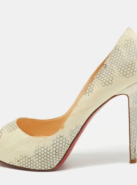 Christian Louboutin Lady Peep Size 38.5 Cream Python Embossed Leather Peep Toe Pumps