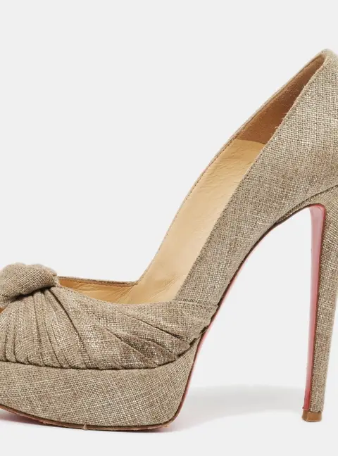 Christian Louboutin Jenny Size 38.5 Beige Canvas Knotted Peep Toe Platform Pumps
