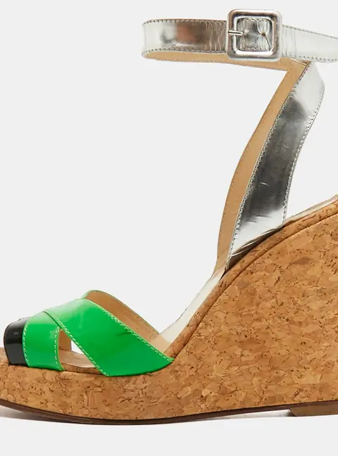 Christian Louboutin Yasmine Size 38.5 Multicolor Patent Leather Cork Platform Wedge Sandals